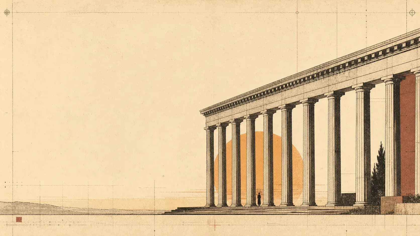 An architectural exhibition print of a Greek stoa at sunset: slender ink columns and a flat amber sun on cream paper, with a tiny lone figure beneath the porch for scale.